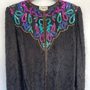 Vintage JMD New York Black Sequin Beaded Silk Formal Evening Jacket, PM EUC